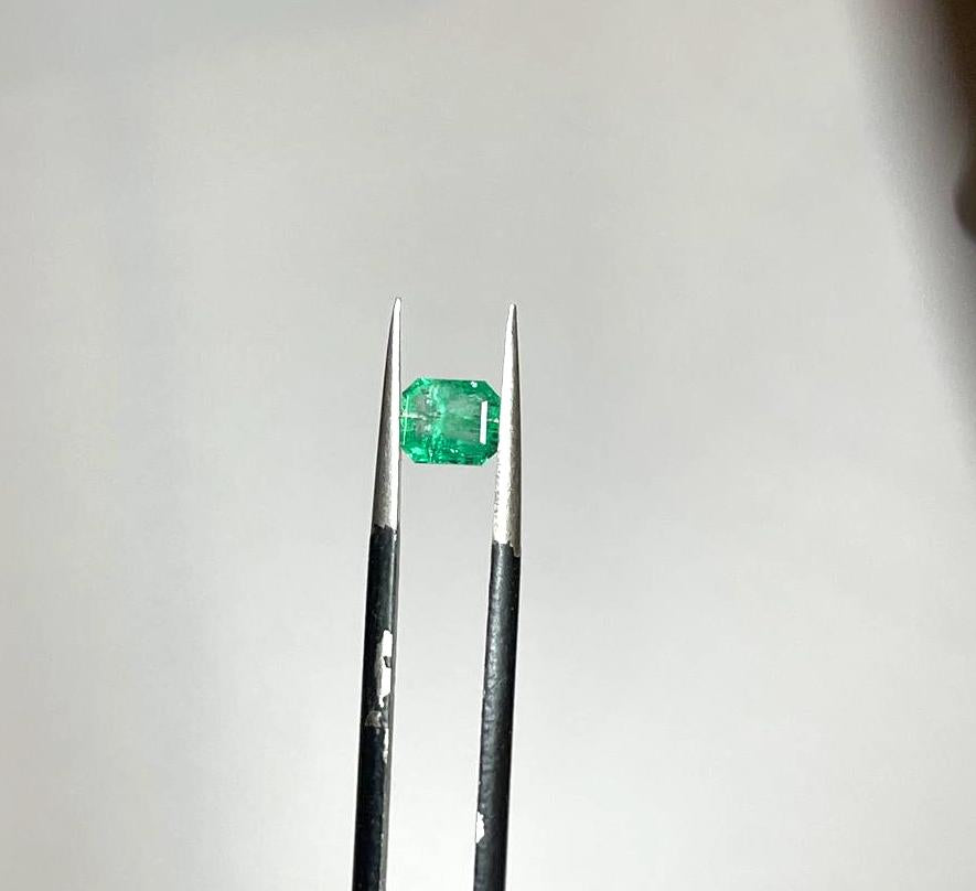 Emerald gemstone held between tweezers on a white background