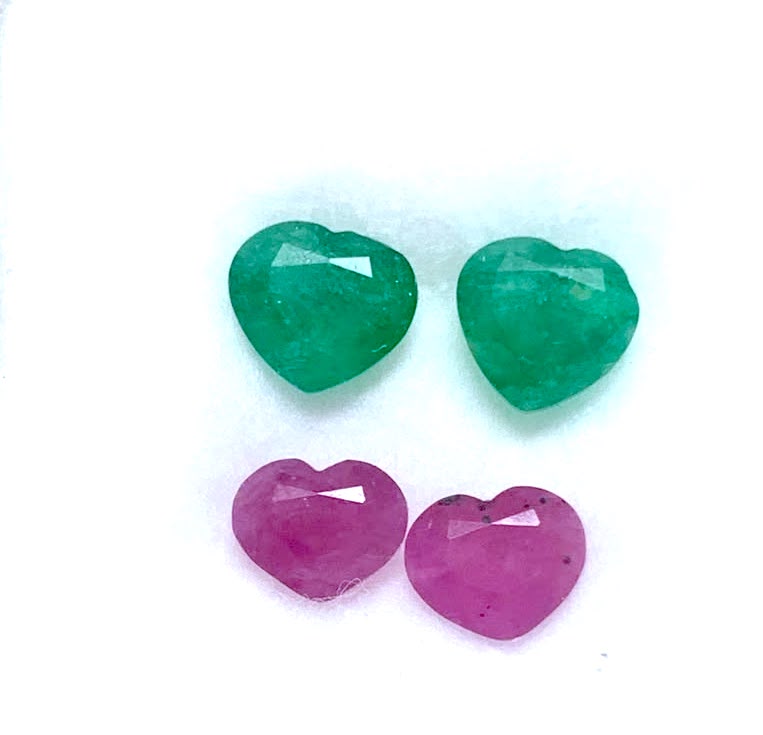 Heart Shape Natural Emeralds & Rubies Pairs — Rare Loose Gemstone Set